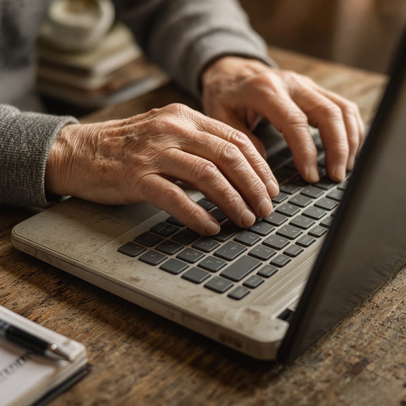 The weathered hands of an older person typing on a well-worn laptop at a wooden desk.